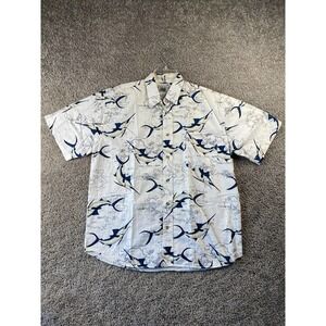 Michael Austin Button Up Shirt Mens Medium White Fishing All Over Print FLAW